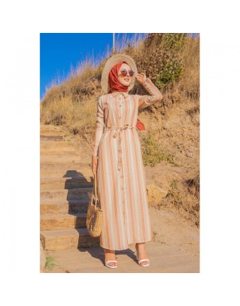 Robe chemise longue d'été à rayures (Vetement d'été pour femme voilée) - Couleur beige, rouille et blanc 