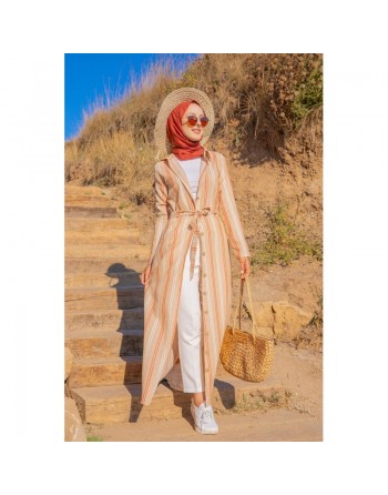 Robe chemise longue d'été à rayures (Vetement d'été pour femme voilée) - Couleur beige, rouille et blanc 