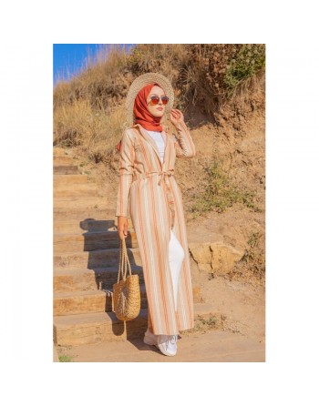 Robe chemise longue d'été à rayures (Vetement d'été pour femme voilée) - Couleur beige, rouille et blanc 