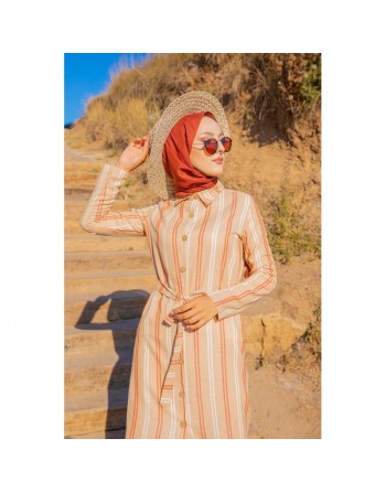 Robe chemise longue d'été à rayures (Vetement d'été pour femme voilée) - Couleur beige, rouille et blanc 