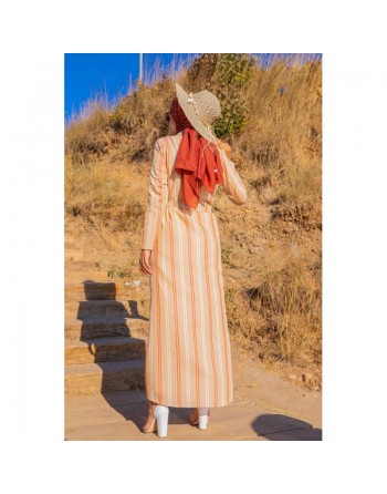 Robe chemise longue d'été à rayures (Vetement d'été pour femme voilée) - Couleur beige, rouille et blanc 
