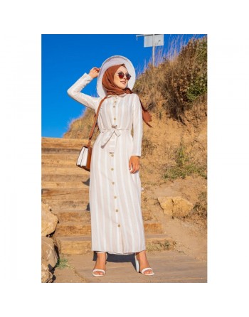 Robe chemise longue à rayures (Vetement hijab turque) - Couleur beige et blanc 