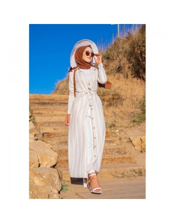 Robe chemise longue à rayures (Vetement hijab turque) - Couleur beige et blanc 