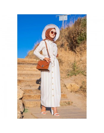 Robe chemise longue à rayures (Vetement hijab turque) - Couleur beige et blanc 