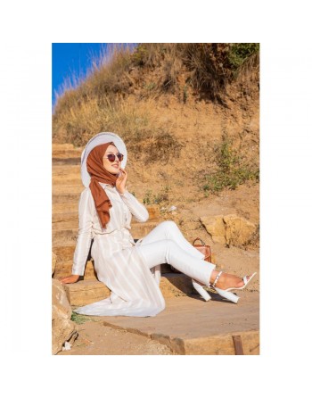 Robe chemise longue à rayures (Vetement hijab turque) - Couleur beige et blanc 