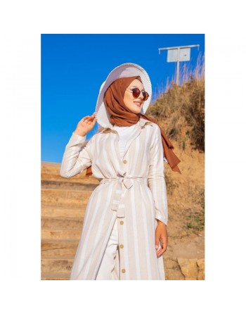 Robe chemise longue à rayures (Vetement hijab turque) - Couleur beige et blanc 