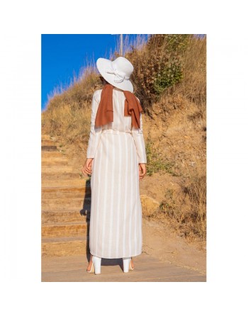 Robe chemise longue à rayures (Vetement hijab turque) - Couleur beige et blanc 