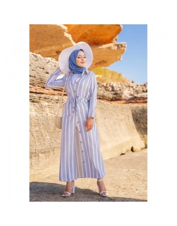 Robe chemise d'été très longue à rayures (Vetement femme musulmane chic) - Couleur bleu et blanc 