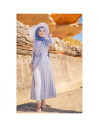 Robe chemise d'été très longue à rayures (Vetement femme musulmane chic) - Couleur bleu et blanc 
