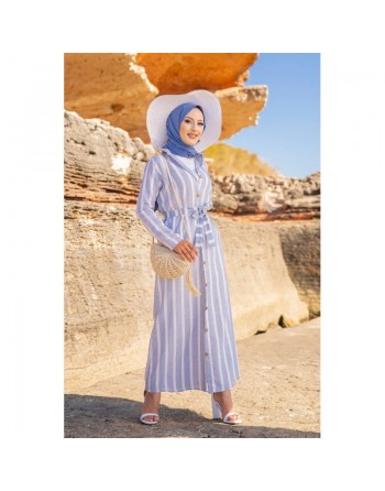 Robe chemise d'été très longue à rayures (Vetement femme musulmane chic) - Couleur bleu et blanc 