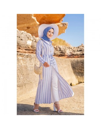 Robe chemise d'été très longue à rayures (Vetement femme musulmane chic) - Couleur bleu et blanc 