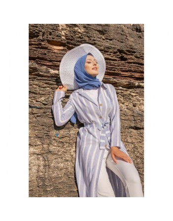 Robe chemise d'été très longue à rayures (Vetement femme musulmane chic) - Couleur bleu et blanc 