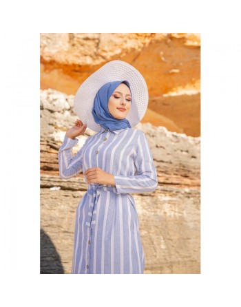 Robe chemise d'été très longue à rayures (Vetement femme musulmane chic) - Couleur bleu et blanc 