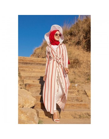Robe chemise très longue à rayures (Vêtement décontracté pour femme musulmane) - Couleur crème et rouge 