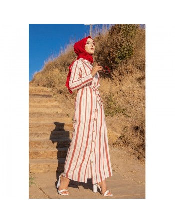 Robe chemise très longue à rayures (Vêtement décontracté pour femme musulmane) - Couleur crème et rouge 