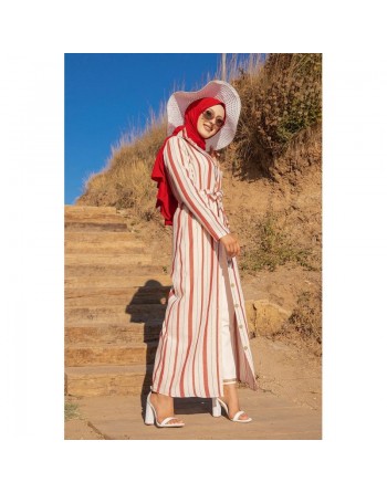 Robe chemise très longue à rayures (Vêtement décontracté pour femme musulmane) - Couleur crème et rouge 