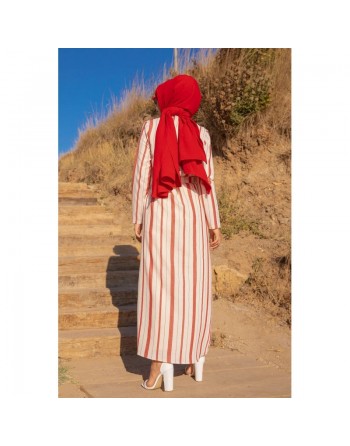 Robe chemise très longue à rayures (Vêtement décontracté pour femme musulmane) - Couleur crème et rouge 