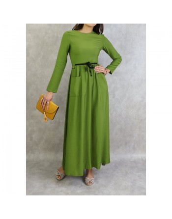 Robe élégante longue et évasée avec lien à nouer à la taille - Couleur Vert 