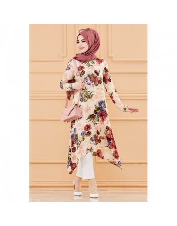 Tunique fleurie ample (Vêtement chic pour femme voilée - Nouveauté) - Couleur beige 