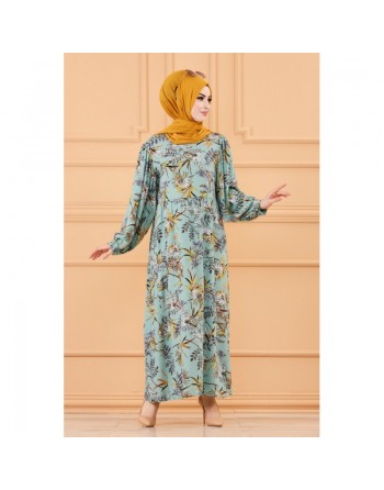 Robe longue et ample à fleurs pour femme (Vêtement musulmane) - Couleur menthe 