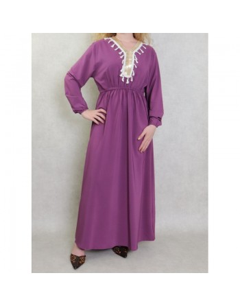 Robe longue féminine avec décoration écailles dorées et pompons - Couleur violet 