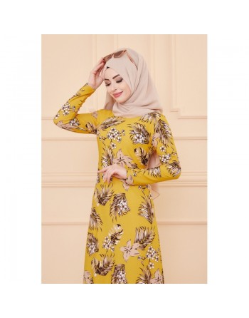 Robe évasée en crêpe motif fleurs pour femme - Couleur moutarde 