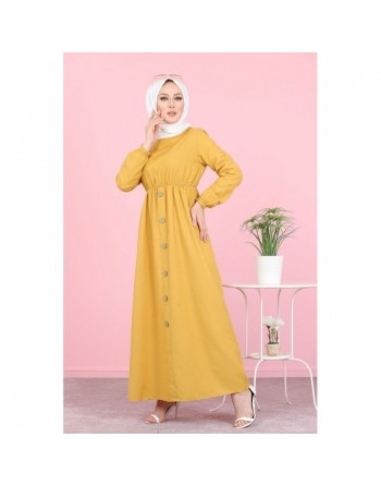 Robe longue boutonnée (Vetement mastour pour femme voilée) - Couleur jaune moutarde 