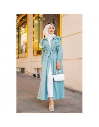 Robe longue boutonnée à froufrou (Tenue Hijab à la mode pour femme voilée) - Couleur Menthe 