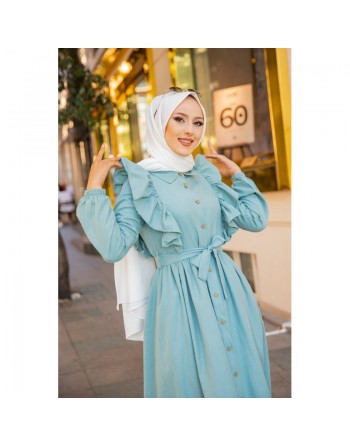 Robe longue boutonnée à froufrou (Tenue Hijab à la mode pour femme voilée) - Couleur Menthe 