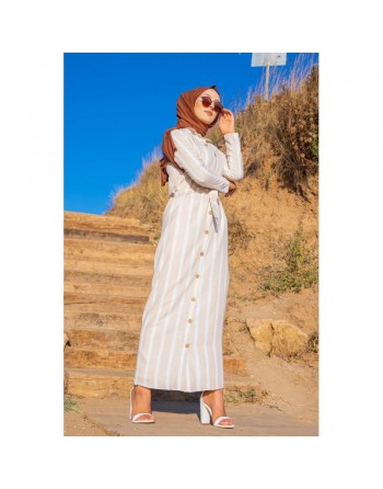 Robe chemise longue à rayures (Vetement hijab turque) - Couleur beige et blanc 