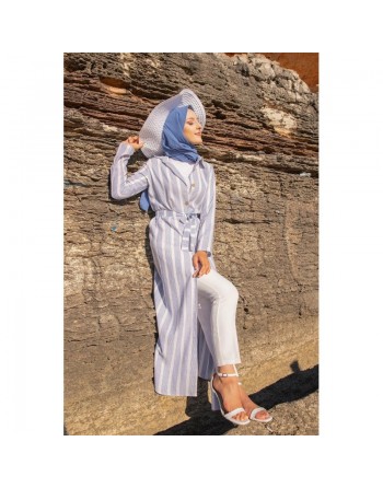 Robe chemise d'été très longue à rayures (Vetement femme musulmane chic) - Couleur bleu et blanc 