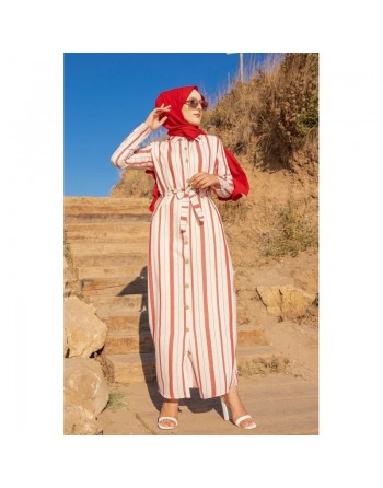 Robe chemise très longue à rayures (Vêtement décontracté pour femme musulmane) - Couleur crème et rouge 