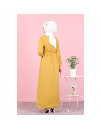 Robe longue boutonnée (Vetement mastour pour femme voilée) - Couleur jaune moutarde 