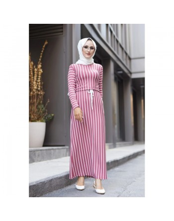 Robe longue à rayures ceinture intégrée pour femme (Vetement hijab) - Couleur framboise 