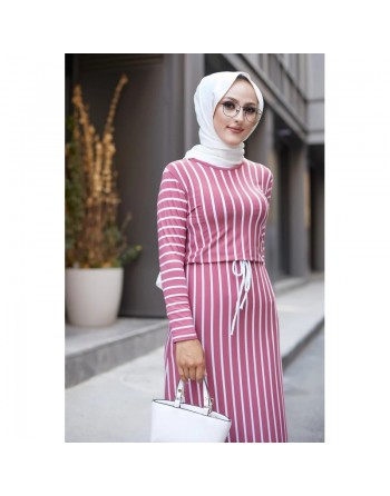 Robe longue à rayures ceinture intégrée pour femme (Vetement hijab) - Couleur framboise 