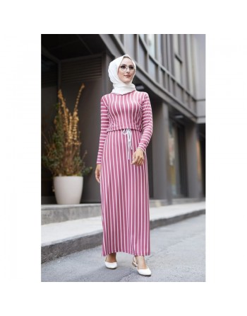 Robe longue à rayures ceinture intégrée pour femme (Vetement hijab) - Couleur framboise 
