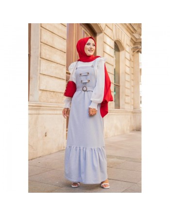 Robe bretelle (Salopette ) et sa ceinture assortie pour femme (Vetement hijab moderne en ligne) - Couleur gris clair chiné 