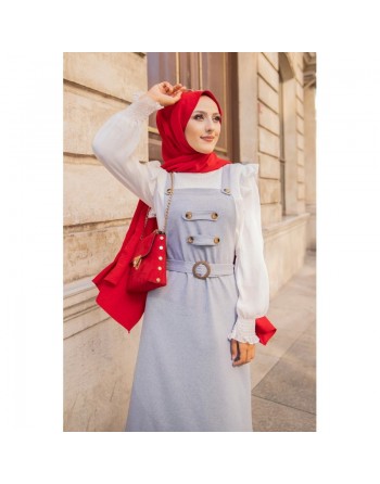 Robe bretelle (Salopette ) et sa ceinture assortie pour femme (Vetement hijab moderne en ligne) - Couleur gris clair chiné 