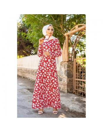 Robe longue à fleurs (Robes fleuries femme hijab pas cher) - Couleur rouge 