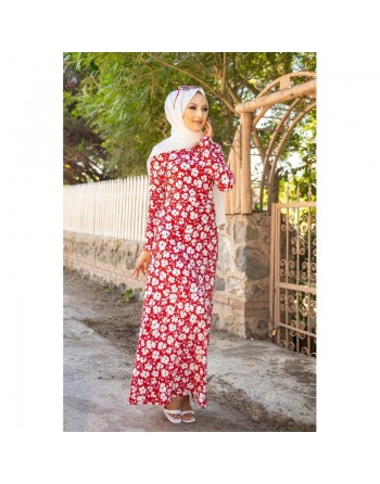 Robe longue à fleurs (Robes fleuries femme hijab pas cher) - Couleur rouge 