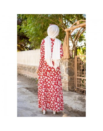 Robe longue à fleurs (Robes fleuries femme hijab pas cher) - Couleur rouge 
