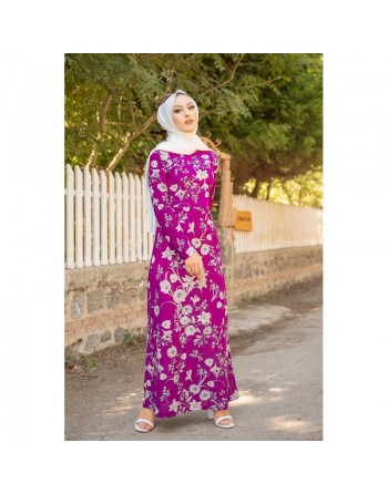 Robe longue fleurie (Boutique en ligne Hijab Outfit Style Summer) - Couleur Violet 