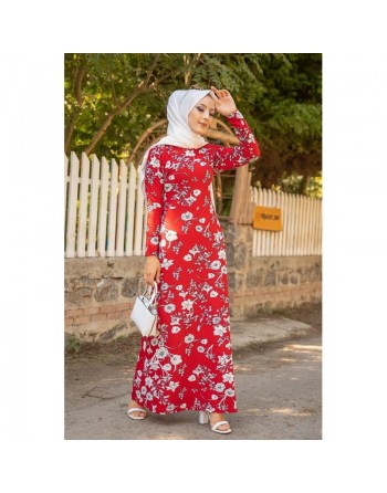 Robe longue fleurie (Boutique en ligne Hijab Street & Outfit) - Couleur rouge 