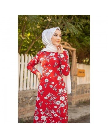 Robe longue fleurie (Boutique en ligne Hijab Street & Outfit) - Couleur rouge 