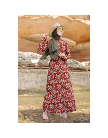 Robe longue fleurie sur un fond de couleur Grenat pour femme voilée (Boutique en ligne Modeste fashion France) 