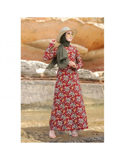 Robe longue fleurie sur un fond de couleur Grenat pour femme voilée (Boutique en ligne Modeste fashion France) Robe longue fleurie sur un fond de couleur Grenat pour femme voilée (Boutique en ligne Modeste fashion France)