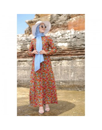 Robe musulmane longue à motif fleur multicouleur sur un fond de couleur Marron 