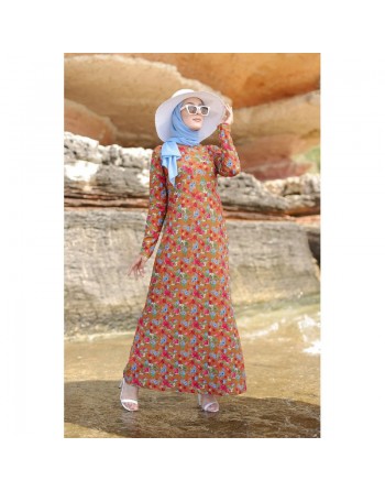 Robe musulmane longue à motif fleur multicouleur sur un fond de couleur Marron 