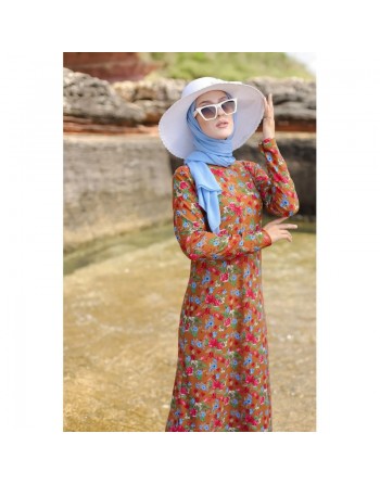 Robe musulmane longue à motif fleur multicouleur sur un fond de couleur Marron 