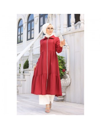 Veste zippée légère mi longue (Vetement ample pour femme voilée) - Couleur rouge bordeaux 